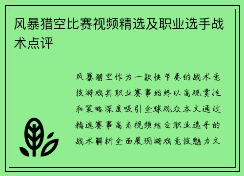 风暴猎空比赛视频精选及职业选手战术点评